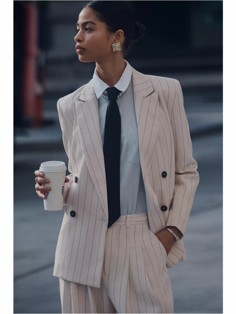 Anthropologie Maeve Rue Ivory Pinstripe Oversized Double Breasted Blazer Relaxed